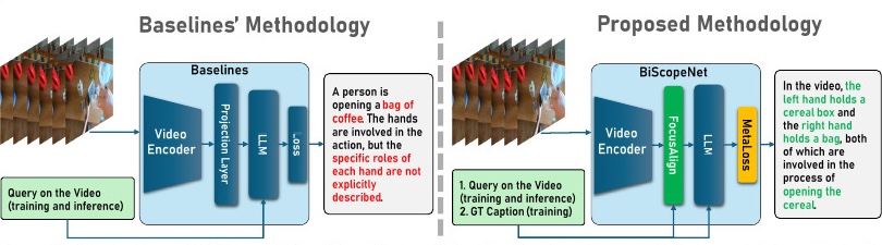 Comparison of baseline video-language models and BiScopeNet for hand-role sub-action recognition